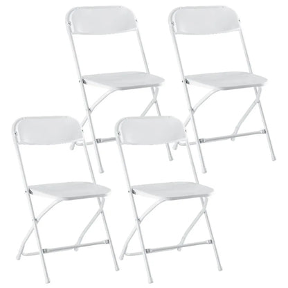Durable commercial-grade white folding chairs on display for rental or purchase, perfect for any occasion.