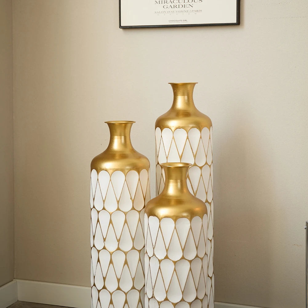 White Tall & Slender Metal Cylindrical Floor Vase~Set of 3
