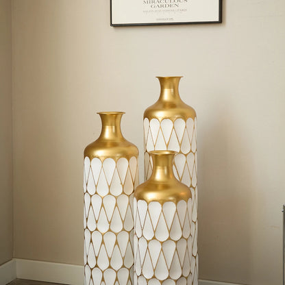 White Tall & Slender Metal Cylindrical Floor Vase~Set of 3