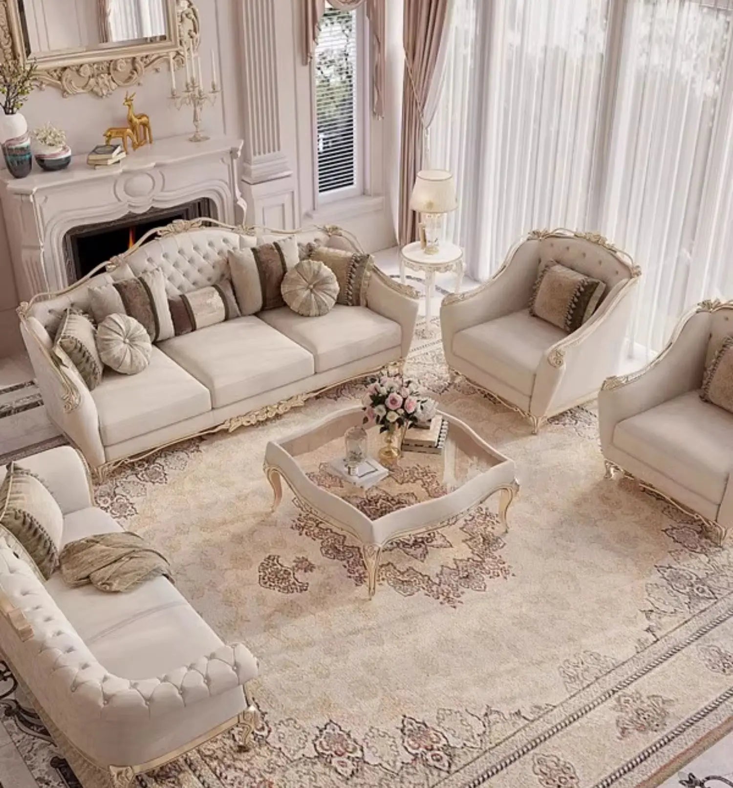 Inviting scene featuring the Elegant French Style Solid Wood Living Room Furniture with cozy decor elements.