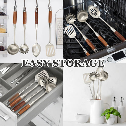 4-Piece 304 Stainless Steel Kitchen Utensil Set with Natural Wood Handles made from durable 304 stainless steel