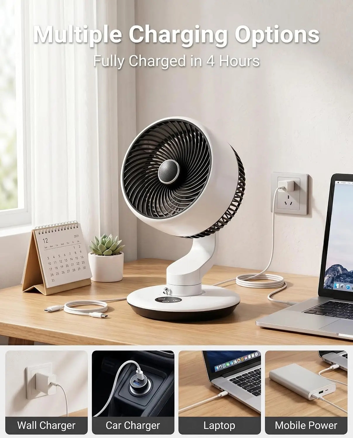 GAITIR Rechargeable Desk Fan - 7800mAh Battery with Smart Touch Display - Black, White, rechargeable desk fan with adjustable tilt