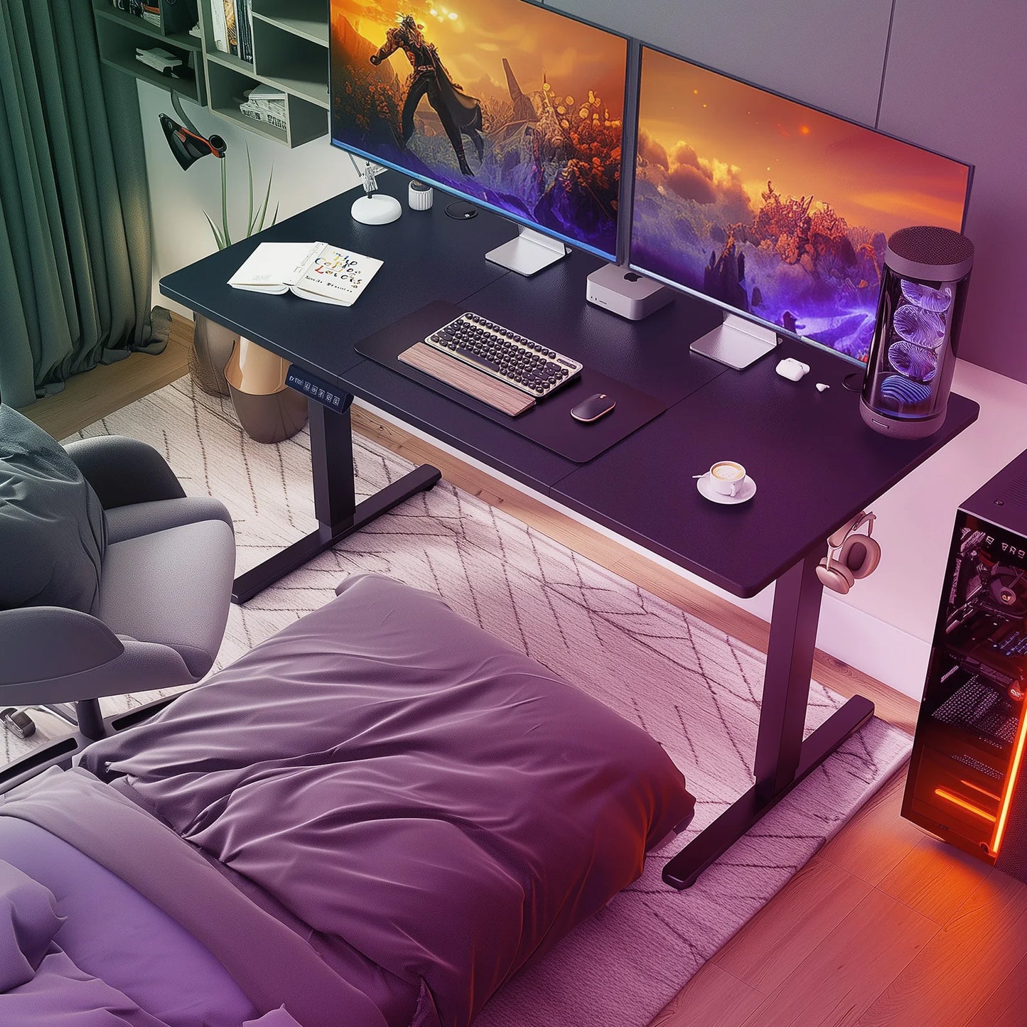 Electric Standing Desk with Memory Presets alongside ergonomic office chair, creating a perfect work environment.