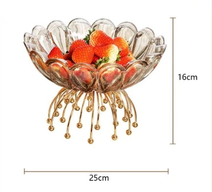 Stylish Amber Glass Flower Bowl with Beaded Metal Base - Side view of the amber glass bowl adorned with fruits, highlighting its decorative function.