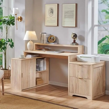 Modern L-shaped Fluted Credenza Desk w/Storage Cabinet & Drawers