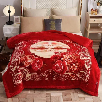 Korean Raschel 2-Ply Heavy Fleece Blanket, 78x90 Queen Size Reversible Geometric Plush Blanket shown in a cream floral design; reversible geometric blanket for a soft bedroom look.