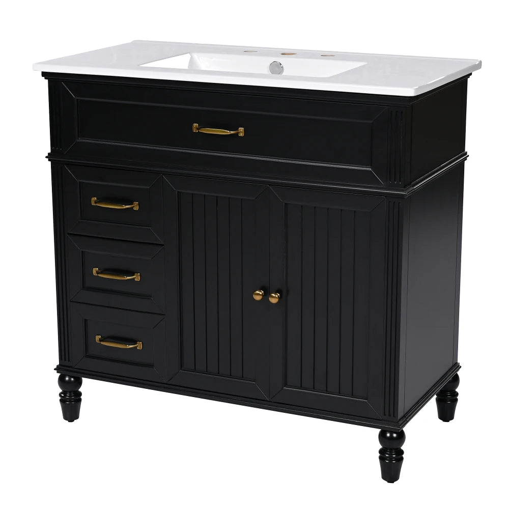 Freestanding 36" Black  Bathroom Vanity w/Retro Gold Handles & Ceramic Sink