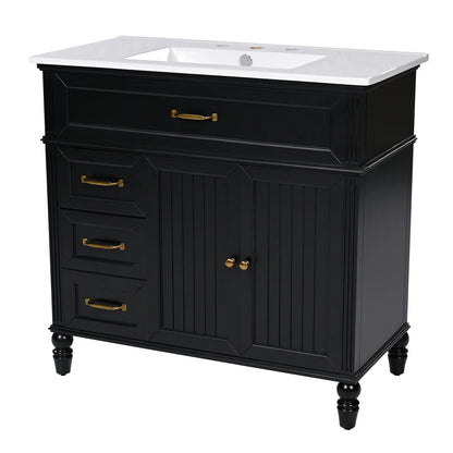 Freestanding 36" Black  Bathroom Vanity w/Retro Gold Handles & Ceramic Sink