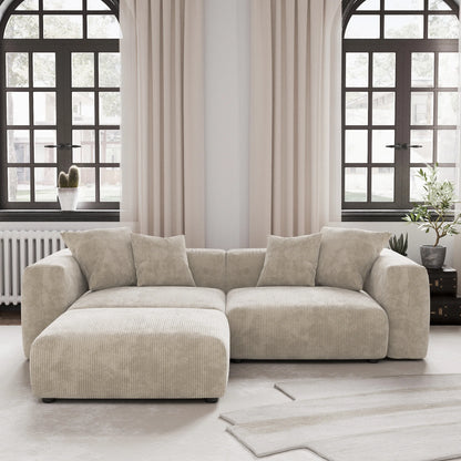 Oversized L-shaped Beige Corduroy Modular Sectional Sofa w/Throw Pillows