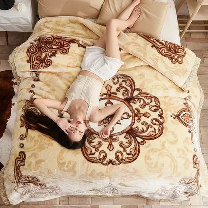 Korean Raschel 2-Ply Heavy Fleece Blanket, 78x90 Queen Size Reversible Geometric Plush Blanket shown with a person relaxing on an ornate fleece bedspread; reversible geometric blanket style.