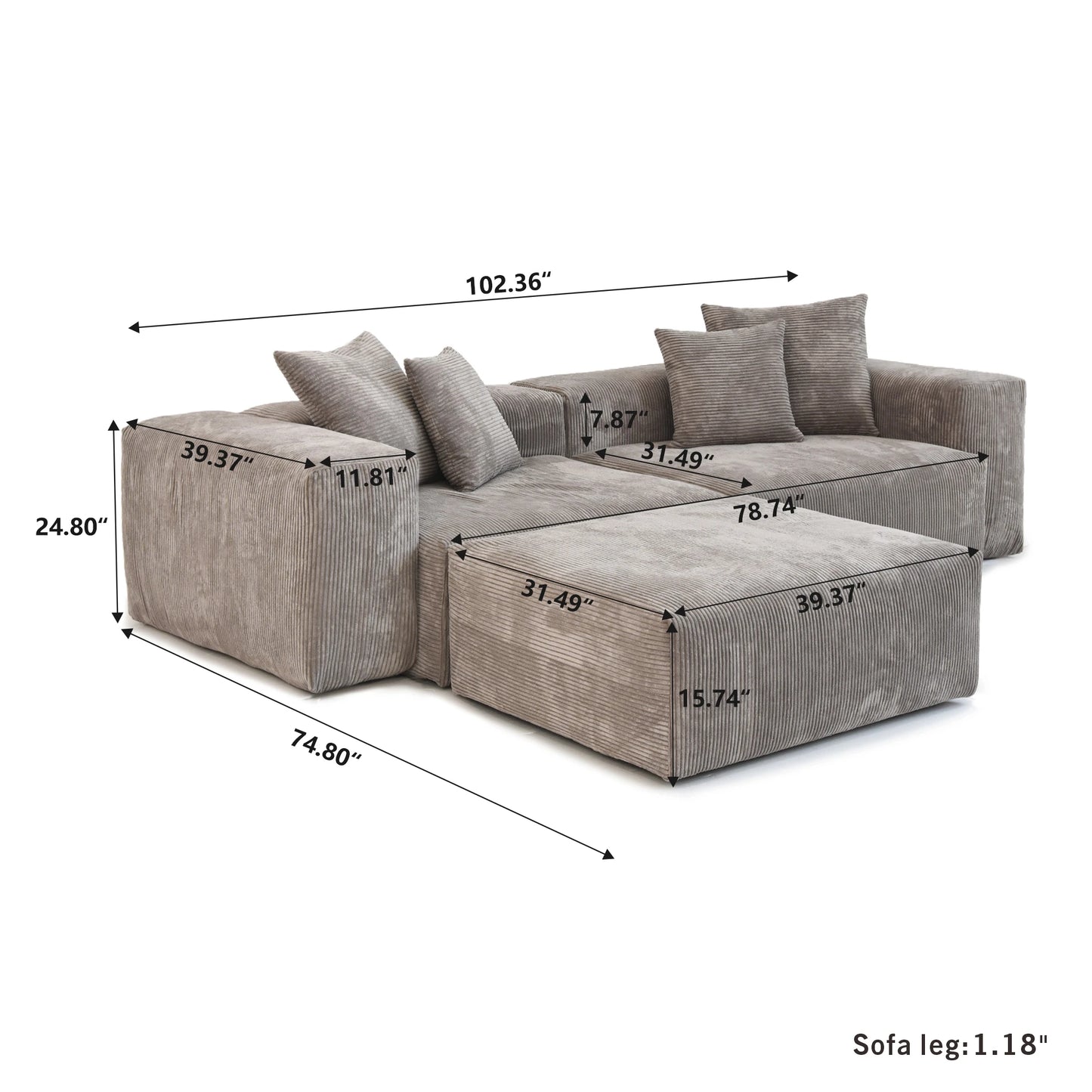 Oversized L-shaped Beige Corduroy Modular Sectional Sofa w/Throw Pillows