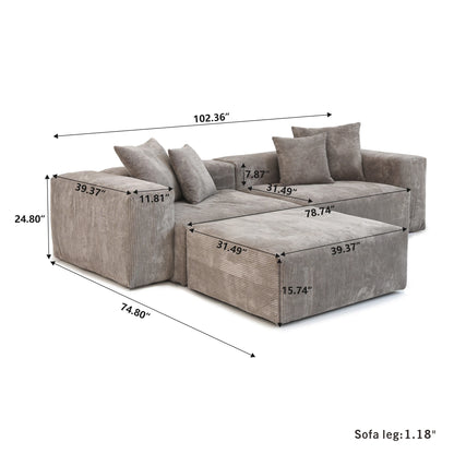 Oversized L-shaped Beige Corduroy Modular Sectional Sofa w/Throw Pillows