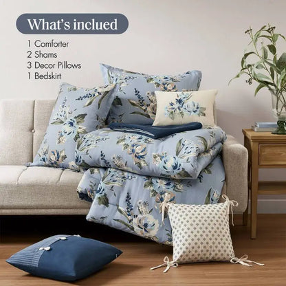 Close-up view of the Vintage Floral pattern on the 7-Piece Queen Size Comforter Set, featuring delicate blue flowers for added charm.