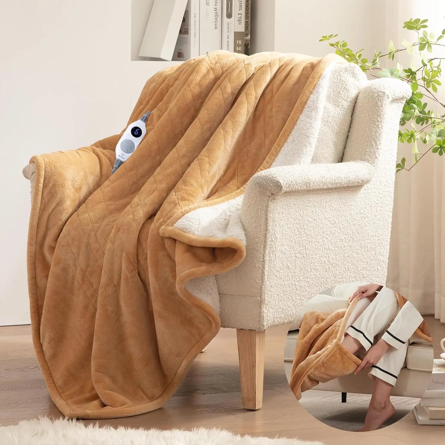 Cozy Flannel Sherpa Electric Blanket with 6 Heat Settings & Foot Pocket for Ultimate Comfort displayed on a living room couch.