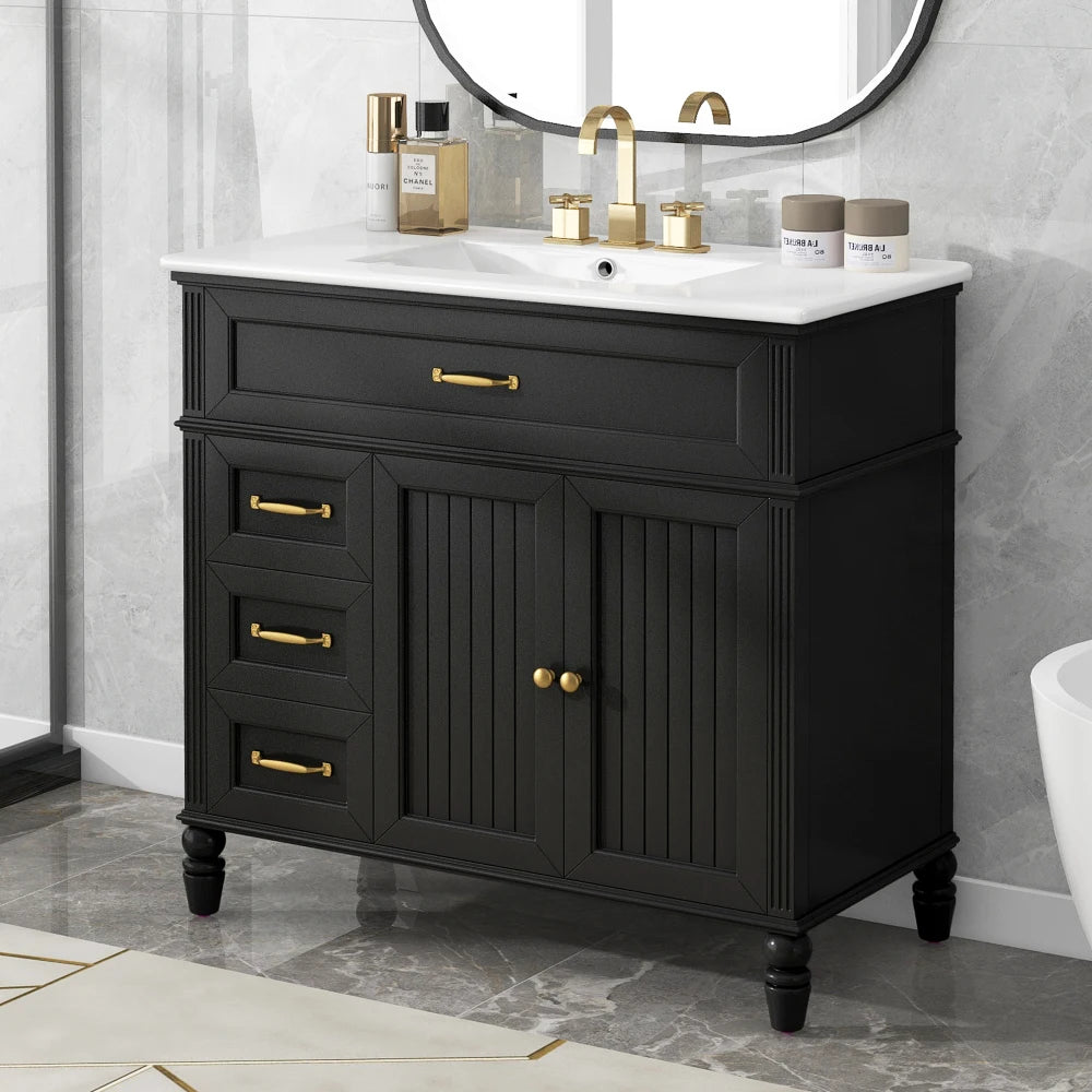Freestanding 36" Black  Bathroom Vanity w/Retro Gold Handles & Ceramic Sink