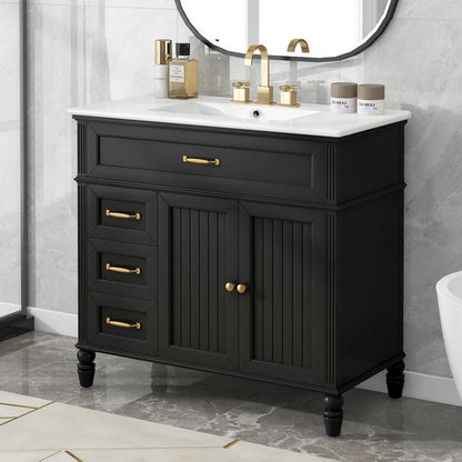 Freestanding 36" Black  Bathroom Vanity w/Retro Gold Handles & Ceramic Sink