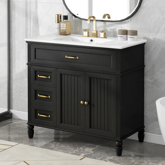 Freestanding 36" Black  Bathroom Vanity w/Retro Gold Handles & Ceramic Sink