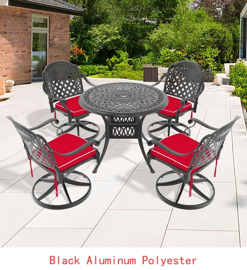   3 or 5-Piece All-Weather Black Cast Aluminum Patio Set w/Swivel Chairs & Cushions