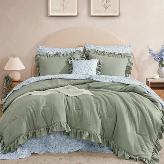 Luxury Sage Green Ruffle Comforter Set – 7-Piece Farmhouse Bedding with Sheets, Soft Elegant All-Season Bed Set