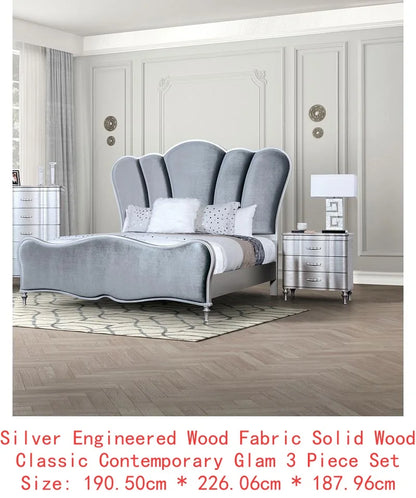 Lovely 3-Piece Queen Size Light Grey Bedroom Set w/2 Nightstands