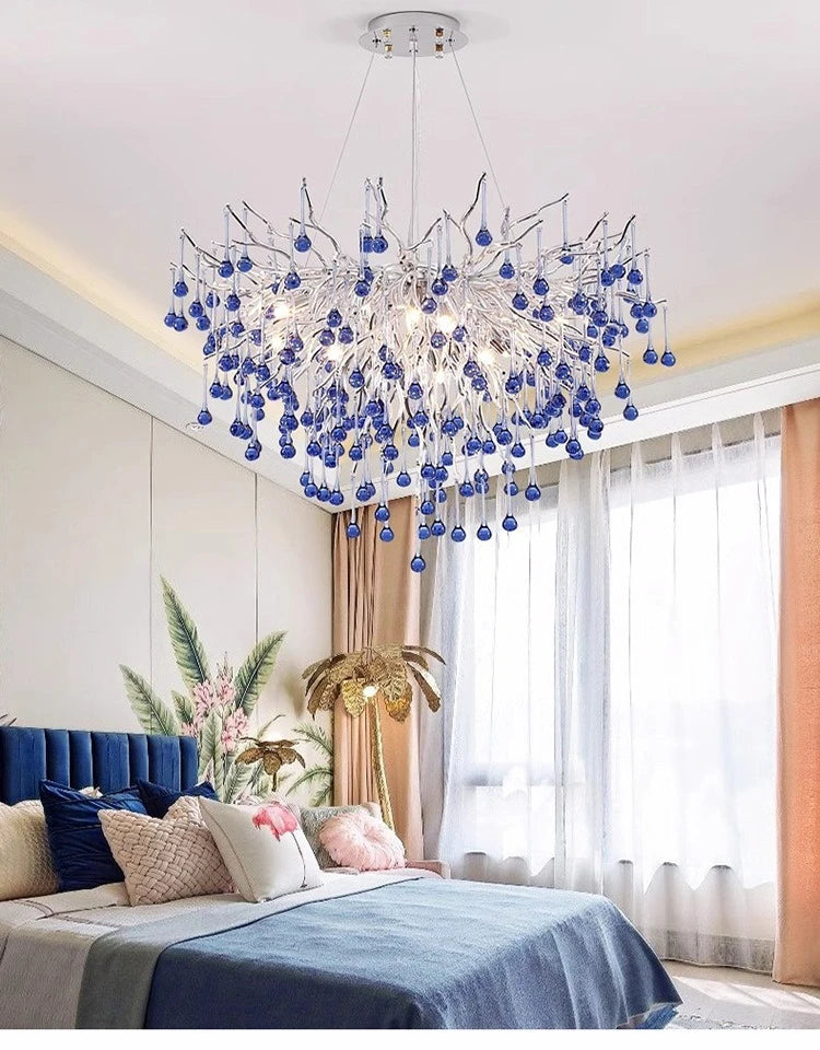 Luxury Chrome Branch  &  Silver Blue Crystal Ceiling Chandelier