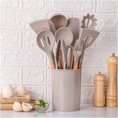 12-Piece Silicone Kitchen Utensil Set with Wooden Handles for Non-Stick Cookware, silicone kitchen utensil set for protecting non-stick pans