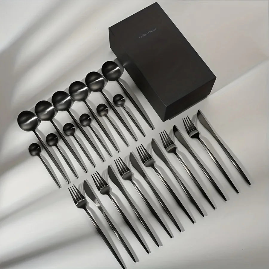 24-Piece Modern Matte Black Silverware/Flatware Set for 6