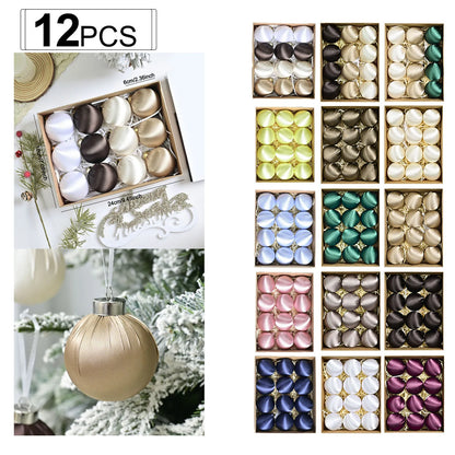 Close-up view of satin silk ball ornaments in various colors, showcasing the shatterproof design ideal for decorating Christmas trees.