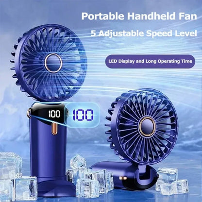 BreezeMate Rechargeable Handheld Mini Fan - LED Digital Display with 5 Speeds - Purple/White, five-speed rechargeable handheld fan controls