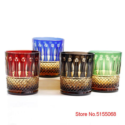 Luxury Premium Hand-Cut Whiskey Glass – Lead-Free Crystal Edo Kiriko Tumbler, beautifully designed with a black overlay and showcasing its artisan quality for cocktails.