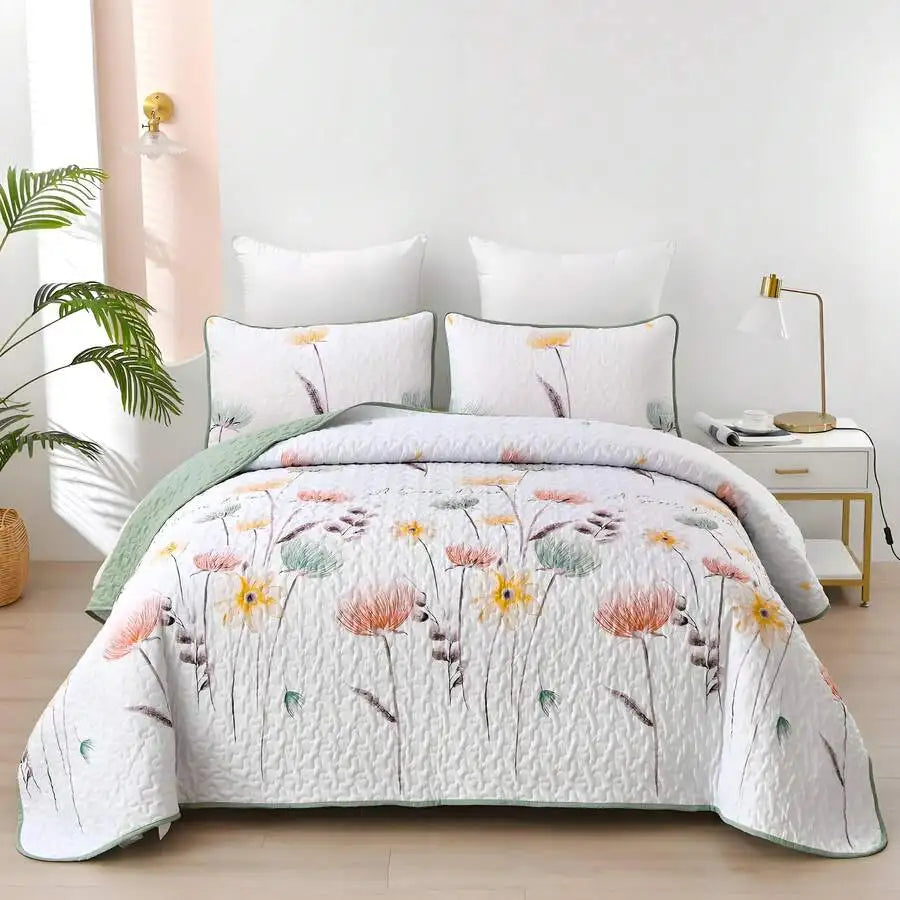 3-Piece Queen Floral Quilt Set, Lightweight Reversible Farmhouse Coverlet with 2 Pillow Shams - cozy reversible queen bedding