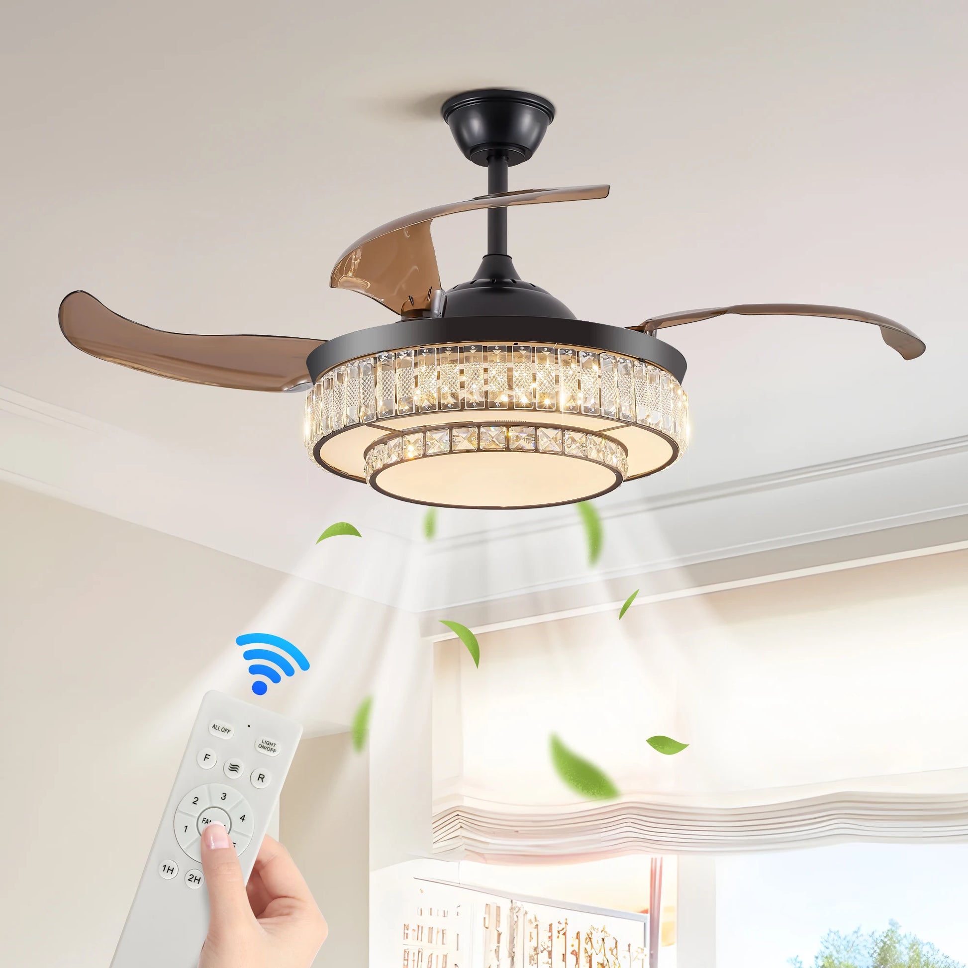 48” Modern Black Retractable Ceiling Fan with Crystal LED Light in a stylish living room setting.