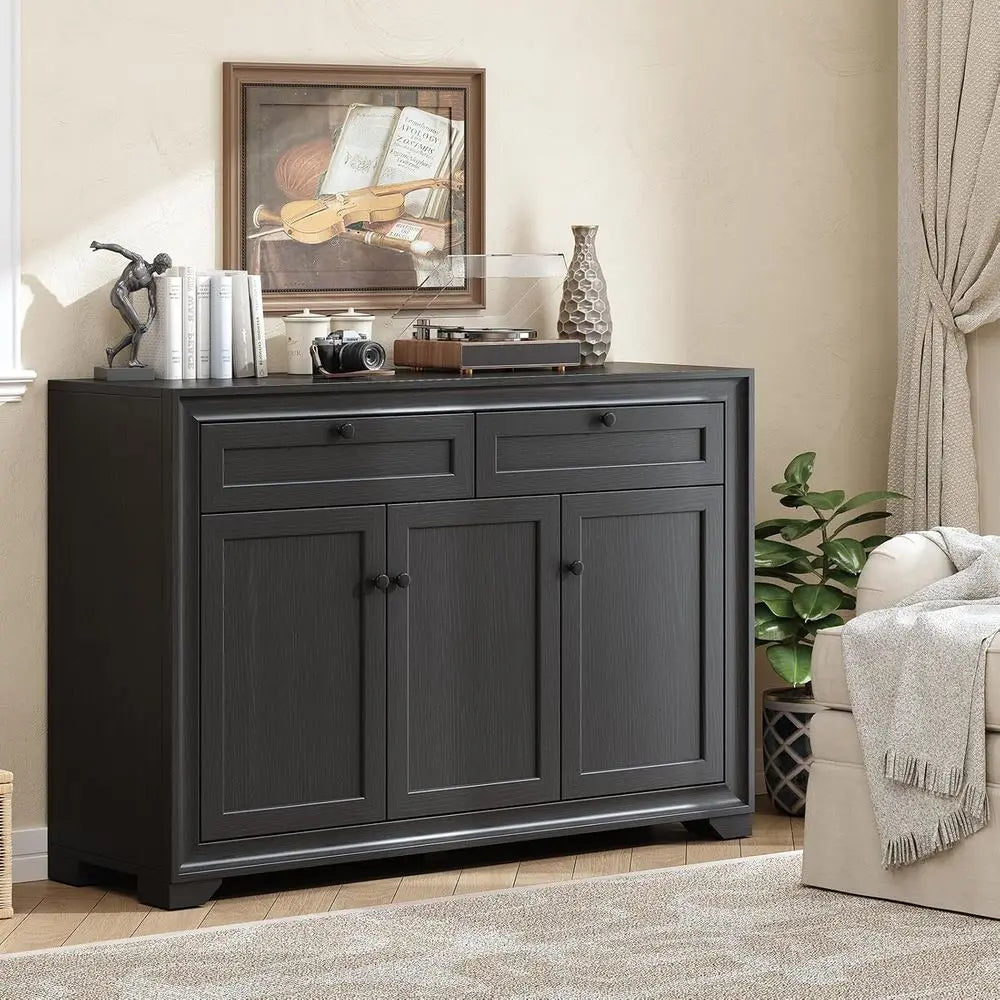 Versatile 48” Farmhouse Buffet Cabinet with Storage, Black Sideboard Coffee Bar, featuring spacious cabinet doors and reinforced structure.