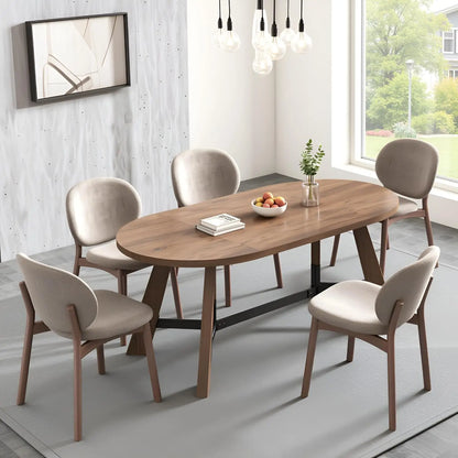 Mid-Century Walnut Oval Dining Table Set for 6–8 featuring a modern design with a sleek pedestal base.