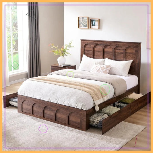 King Bed Frame With Tall Headboard & Storage Drawers – A rustic modern king bed featuring a tall arched headboard and integrated storage drawers, perfect for a stylish bedroom upgrade.