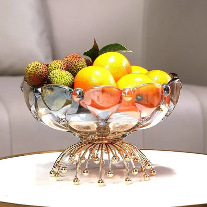 Stylish Amber Glass Flower Bowl with Beaded Metal Base - Close-up shot highlighting the intricate beaded metal base of the amber glass bowl.