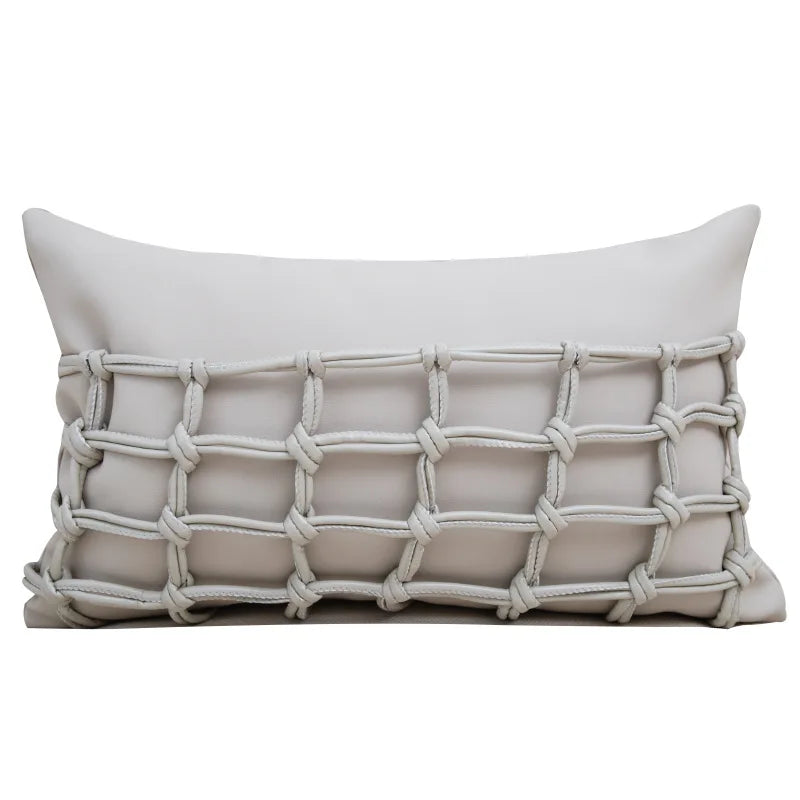 Tillbaka Faux Leather Throw Pillow Cover - Modern Minimalist Woven Hollow Design in a luxury minimalist interior with faux leather pillow cover
