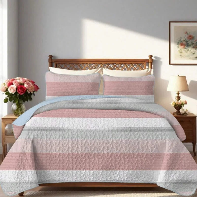 Pink and White Striped Quilt Set, Lightweight All-Season Bedspread with Pillow Shams for Queen & King Beds shown as a soft pink striped quilt bedding set