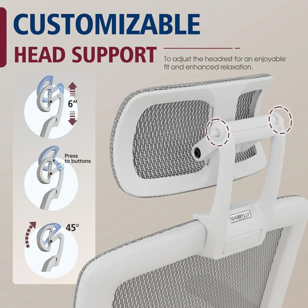 Ergonomic office chair showcasing high-back support and adjustable headrest for reduced neck and back strain.
