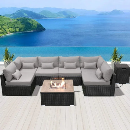 8-Piece Resin Wicker Sectional Sofa Set w/Gas Fire Pit Table