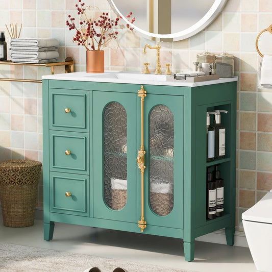 Modern 36" Double Glass Door Bathroom Cabinet w/Undermount Ceramic Sink