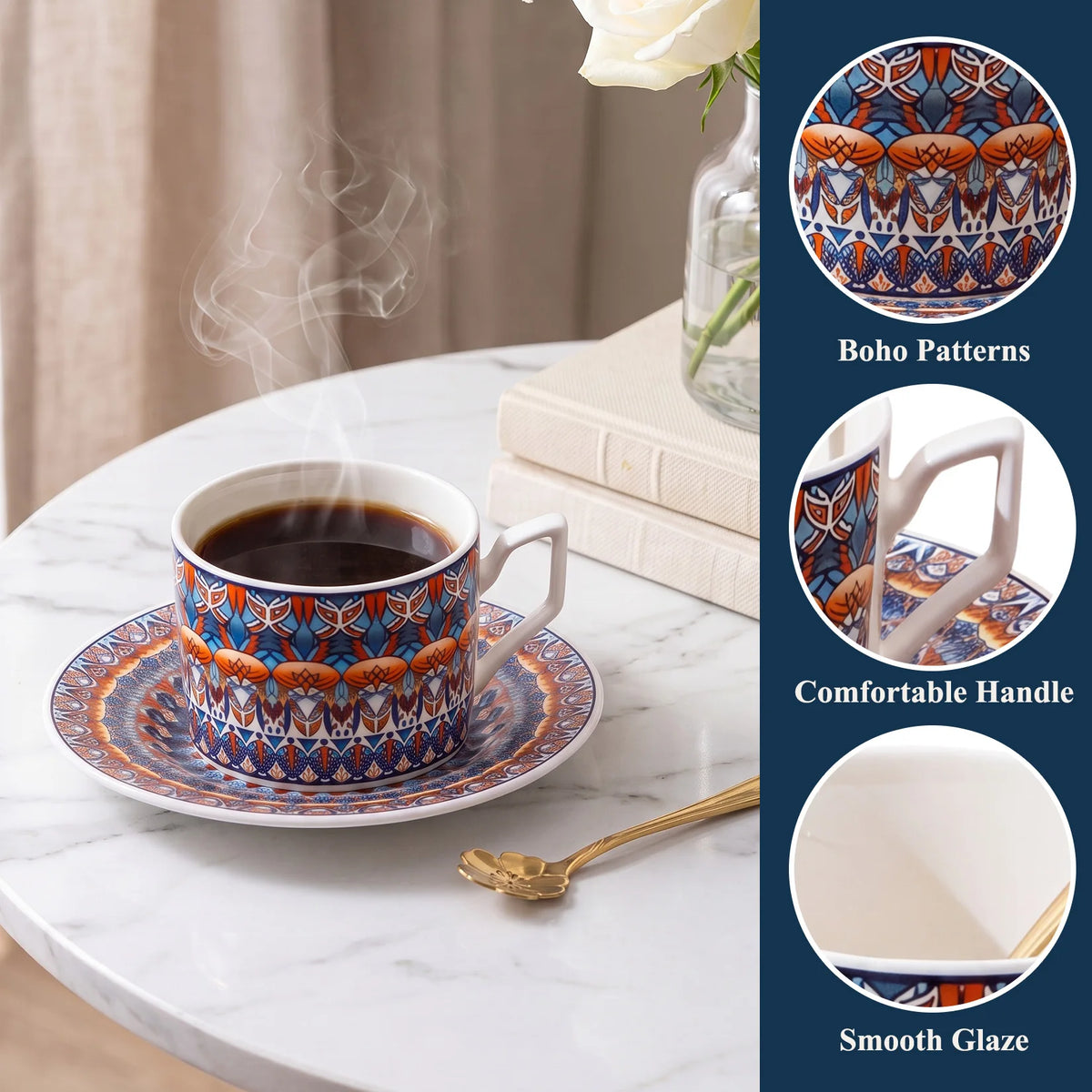 Bohemian Ceramic Coffee Cup and Saucer Set for 2, 8.5 oz Espresso Mugs with Spoons, ceramic coffee cup set with spoons
