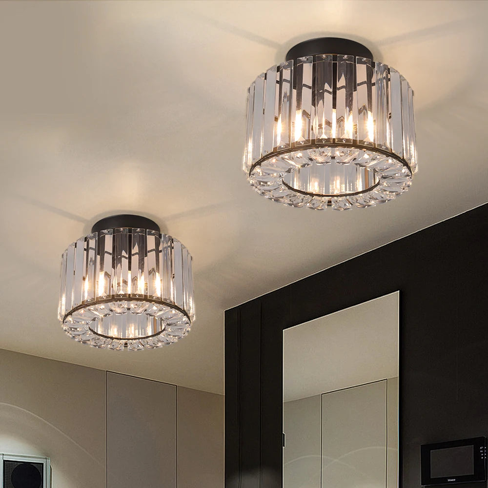 Close-up of modern LED crystal pendant light highlighting premium K9 crystal and iron construction.