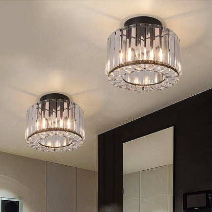 Close-up of modern LED crystal pendant light highlighting premium K9 crystal and iron construction.