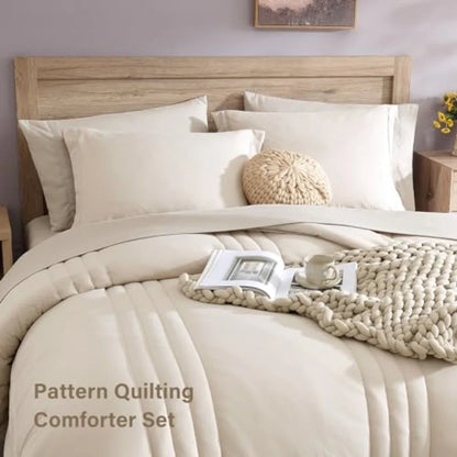 Stylish and timeless apricot beige comforter with subtle vertical lines included in the Luxury King Comforter Set, perfect for enhancing bedroom aesthetics.