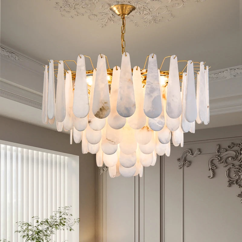 Close-up view of the Elegant French-Style Marble Chandelier highlighting its intricate marble accents, a stunning french style chandelier.