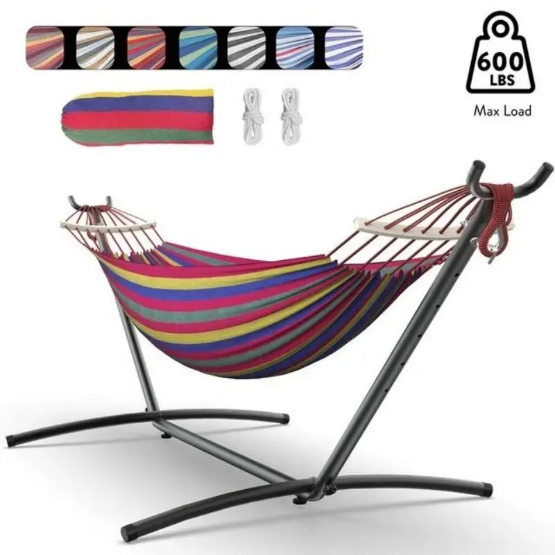 Double Hammock with Stand – Portable Heavy-Duty 600 lb Capacity Cotton Hammock for Backyard, Patio, Camping & Outdoor Relaxation showcasing cozy setup ideal for backyard relaxation hammock.