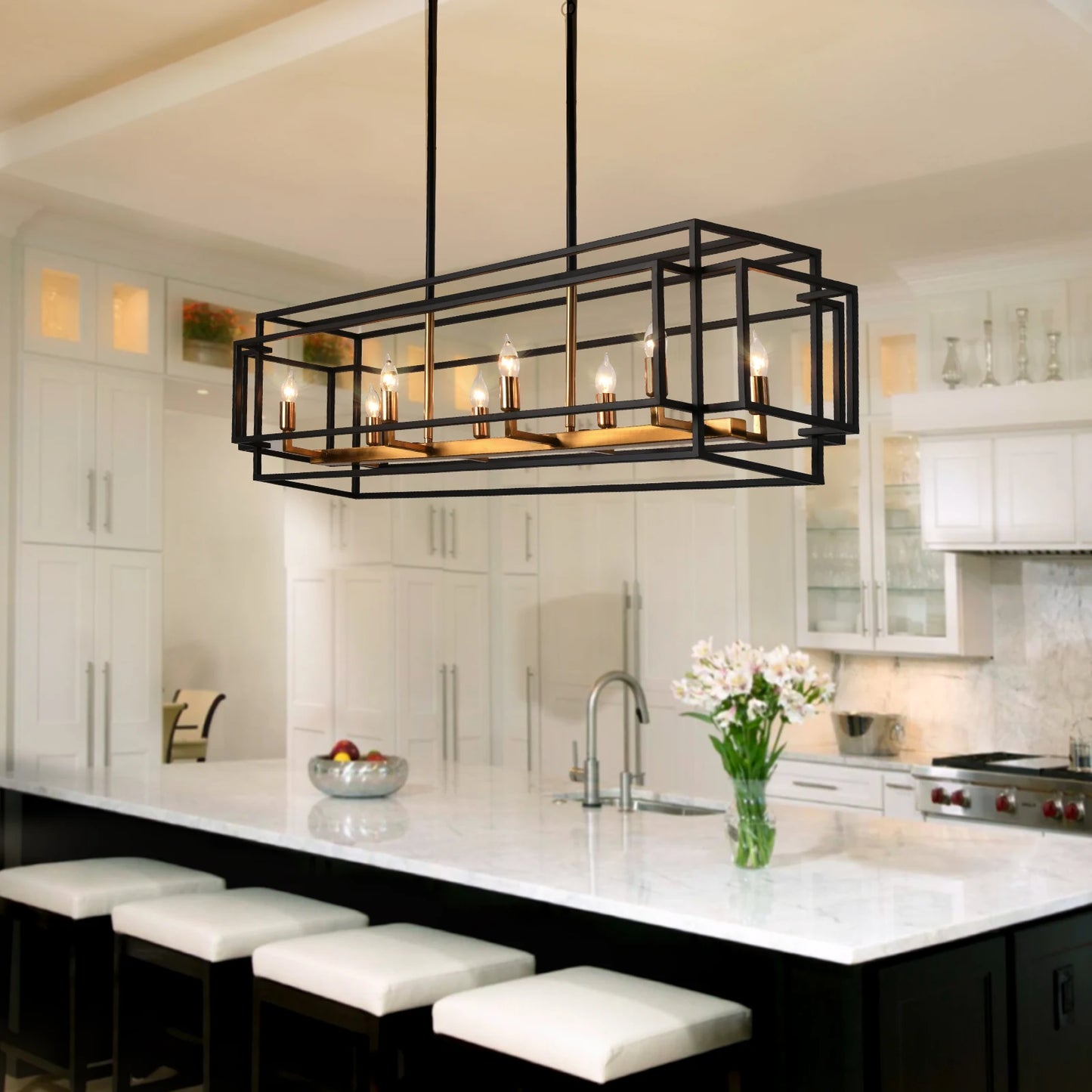 Close-up view of the Modern Farmhouse 8-Light Linear Chandelier highlighting its industrial geometric cage design. Ideal modern farmhouse chandelier for bright and even illumination.