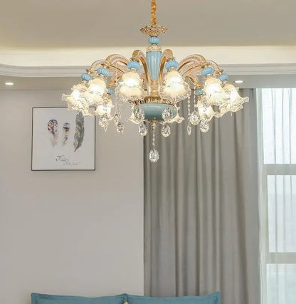 Frosted White Glass Tiffany Blue Floral Chandelier