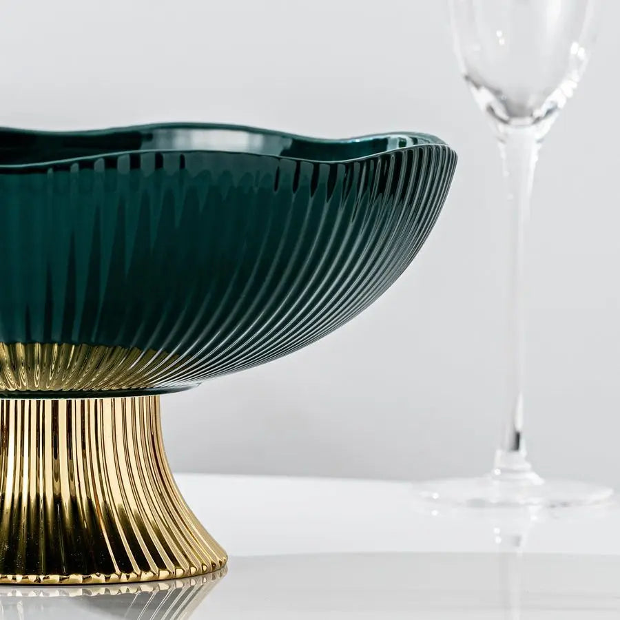 Close-up of the Luxury Green Ceramic Pedestal Fruit Bowl with Gold Base – Elegant 10” Decorative Centerpiece focusing on the intricate ceramic and gold detailing.
